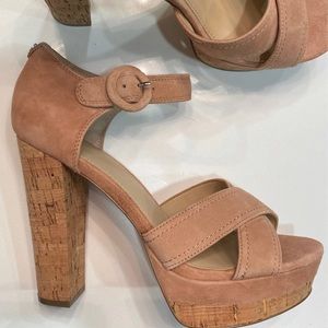 Guess pink suede cork heels